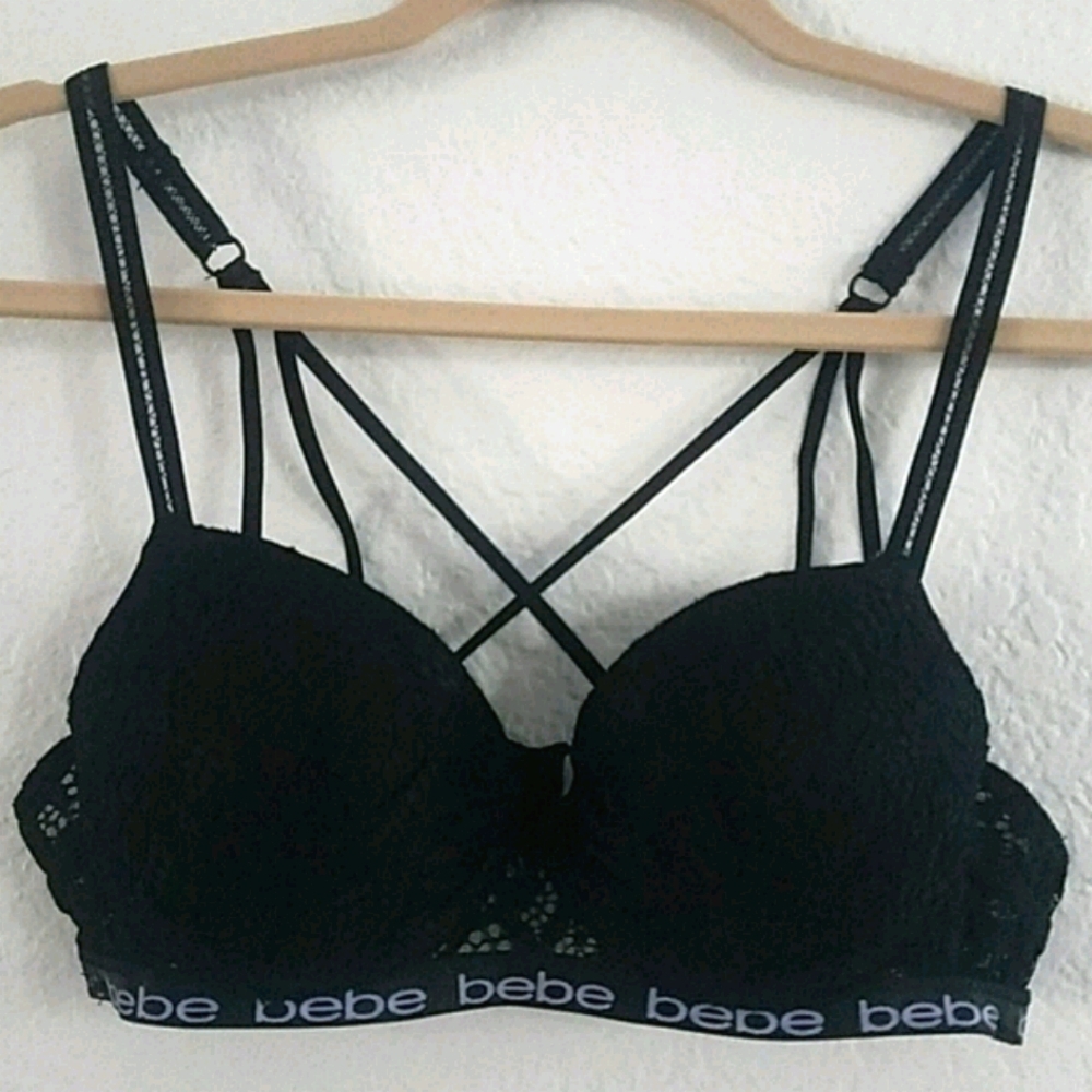 NWOT Bebe Strappy Lace Push-up Bra Black Size 34B